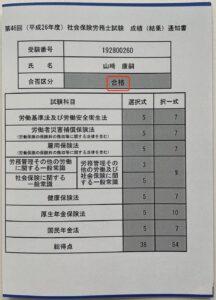 山崎 康嗣の第46回社会保険労務士試験の成績通知書
